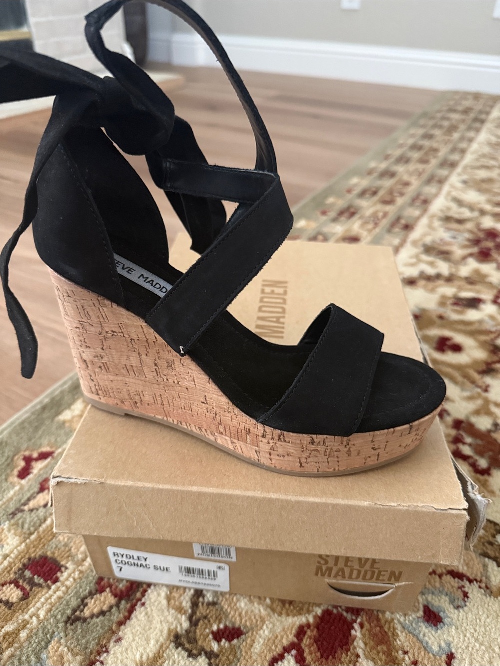 Steve Madden Black Suede Cork Wedge Sandals with Ankle Tie